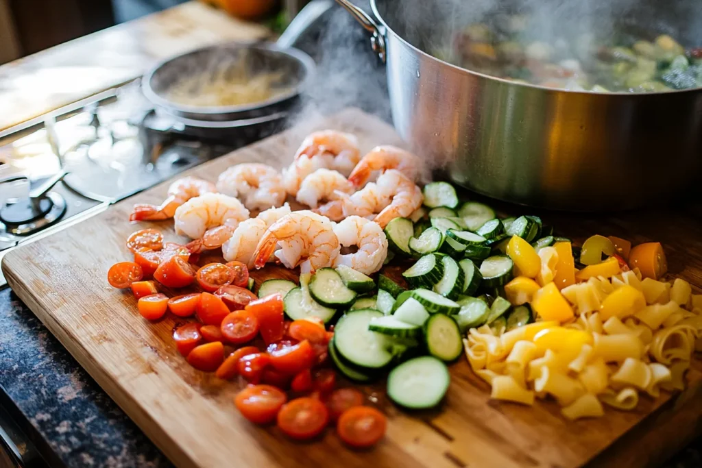 Fresh Ingredients Prepped for Shrimp Pasta Primavera