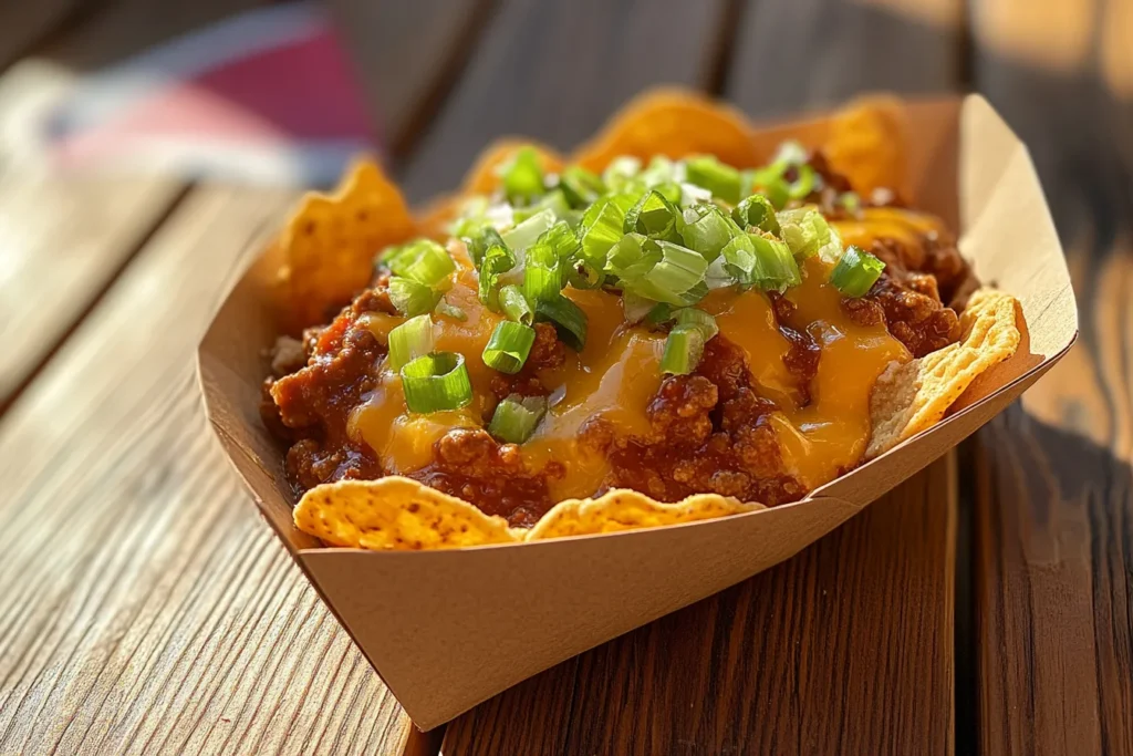 Frito Pie in a paper boat placed on a wooden picnic