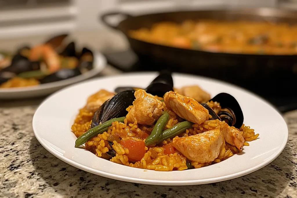 Front-facing view of a plate of Paella Valenciana with chicken, green beans, and saffron-infused rice, with a blurred pan of Paella de Mariscos featuring shrimp and mussels in the background