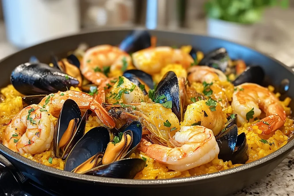 Front-side view of Paella de Marisco highlighting mussels and prawns on golden rice with a kitchen countertop in the background.