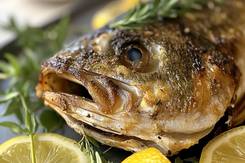 Frontside view of a roasted branzino with crispy skin, garnished with lemon and herbs on a serving platter.