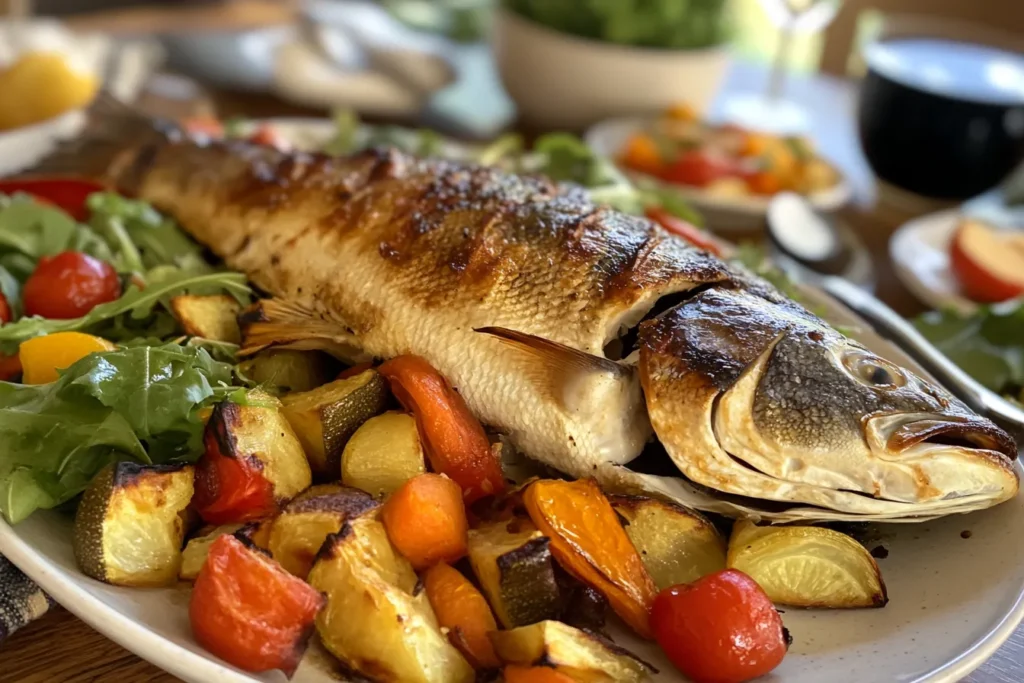 Frontside view of a whole roasted branzino with vegetables and a side salad on a dining table.
