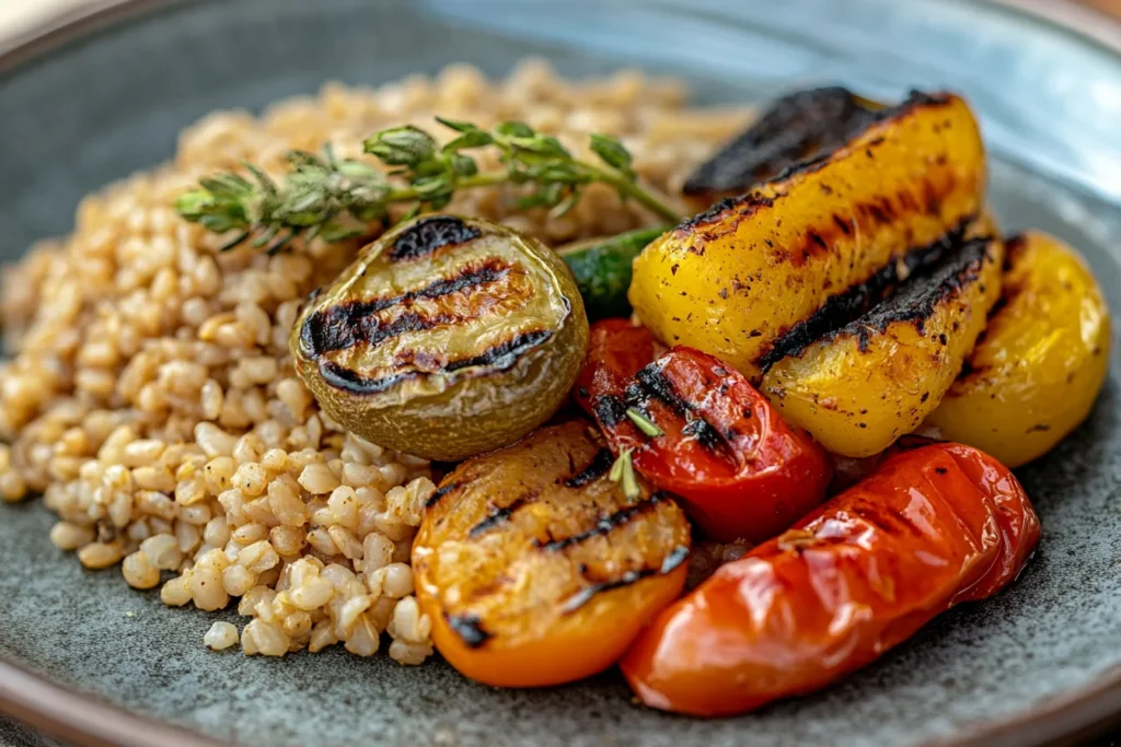 freekeh served with grilled vegetables and olive oil on a ceramic plate.