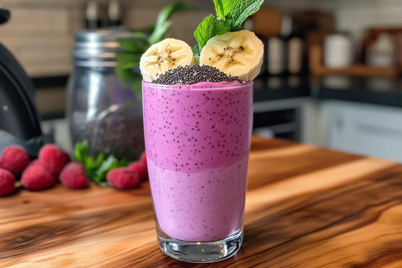 A vibrant Greek yogurt smoothie in a tall glass, garnished with fresh fruit and a sprig of mint, placed on a rustic kitchen counter.