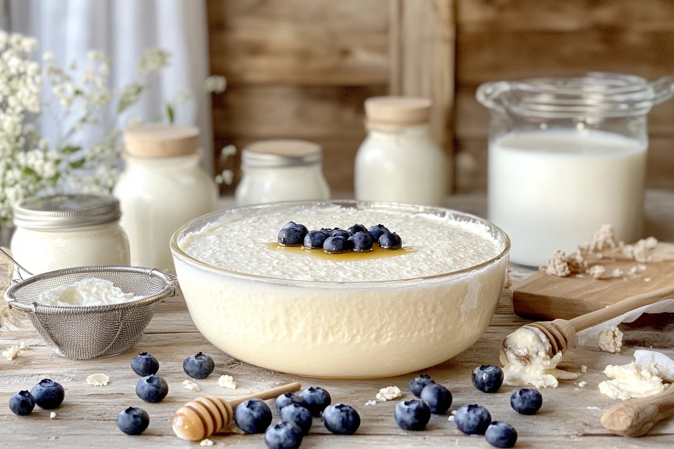 A bowl of creamy homemade Greek yogurt garnished with fresh berries, served alongside a jar of honey and a wooden spoon.