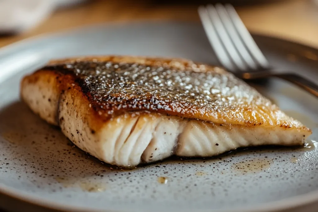 Isometric view of a half-eaten branzino fillet, highlighting the crispy skin and flaky white meat on a plate.