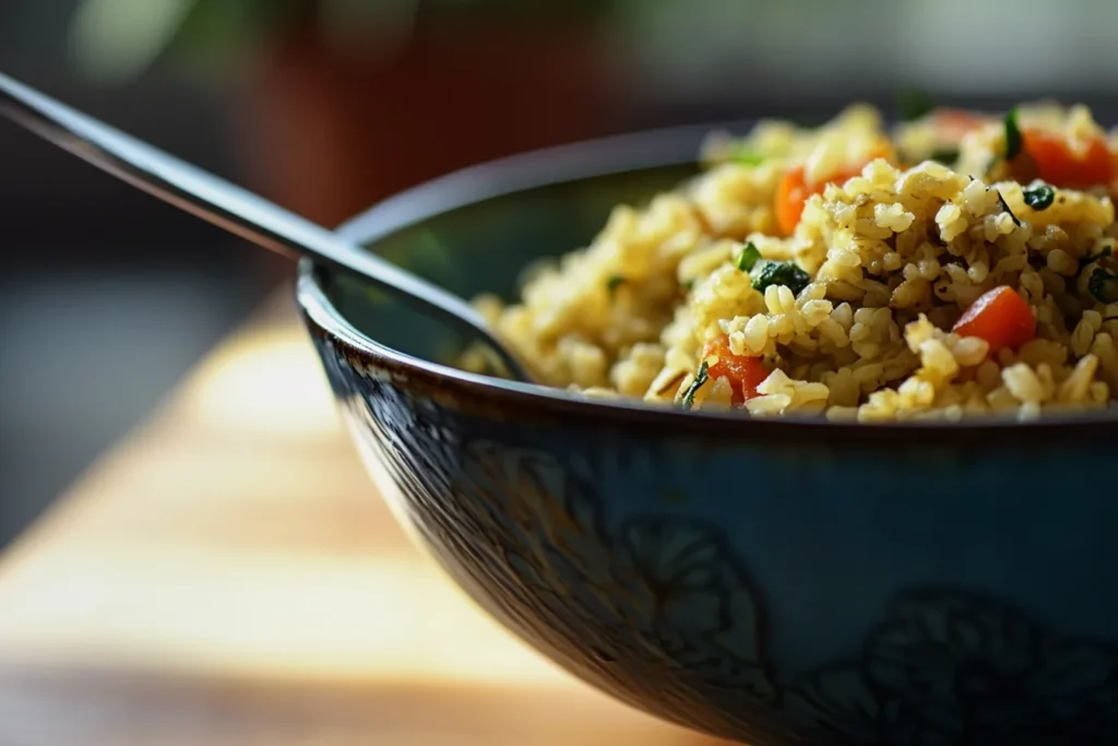 A partially eaten bowl of freekeh, highlighting its texture and golden grains.