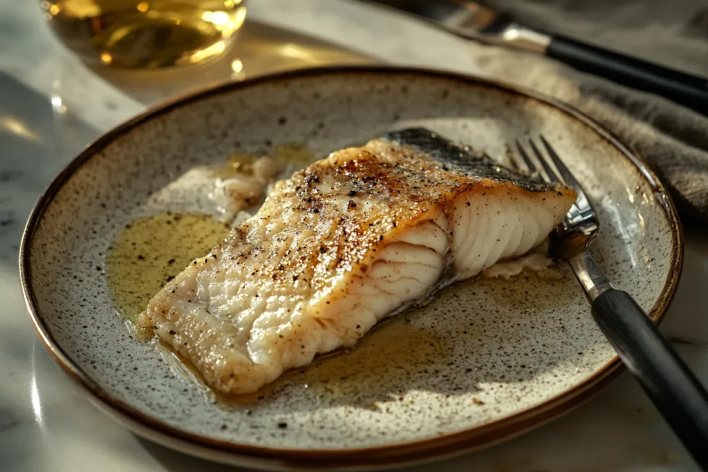 Isometric view of a partially eaten branzino fillet, showcasing its flaky texture and a cozy kitchen setting.