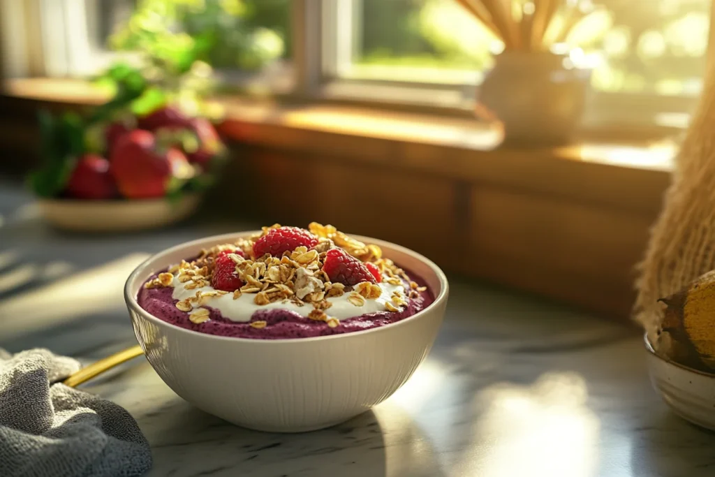 Presents the finished acai bowl, with the different layers and textures, showcasing the product with a lifestyle feel.