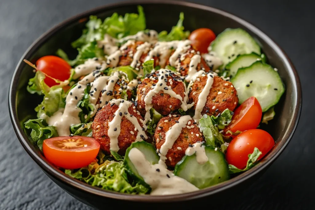 The fresh salad bowl topped with lupin falafels.