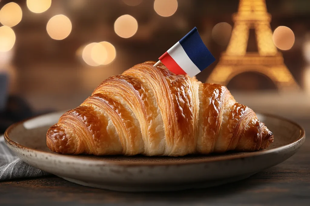 The close-up of the croissant with the French flag toothpick.