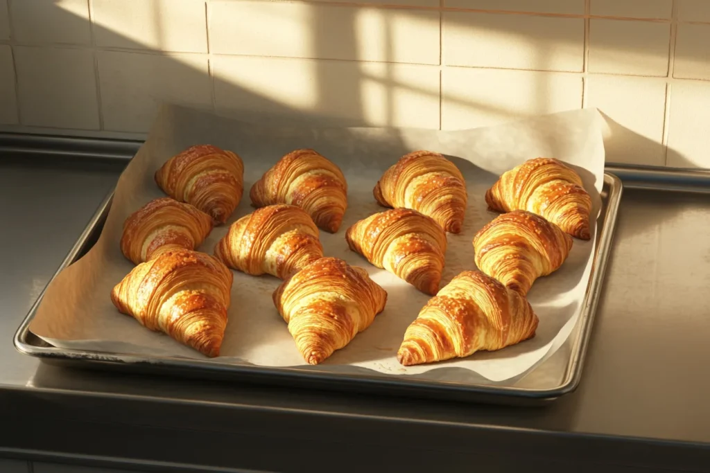 The isometric view of multiple croissants on a baking tray.