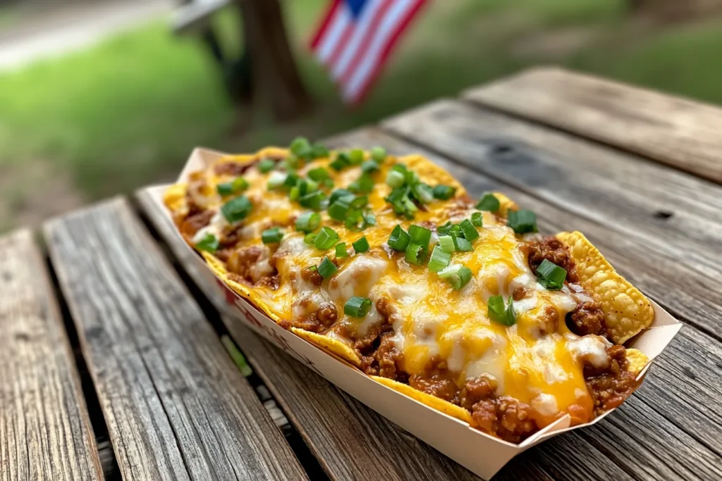 Top-down view of a Frito Pie in a paper boat, topped with chili, melted cheese, and green onions, placed on a wooden picnic table with a Texas flag visible in the background..webp