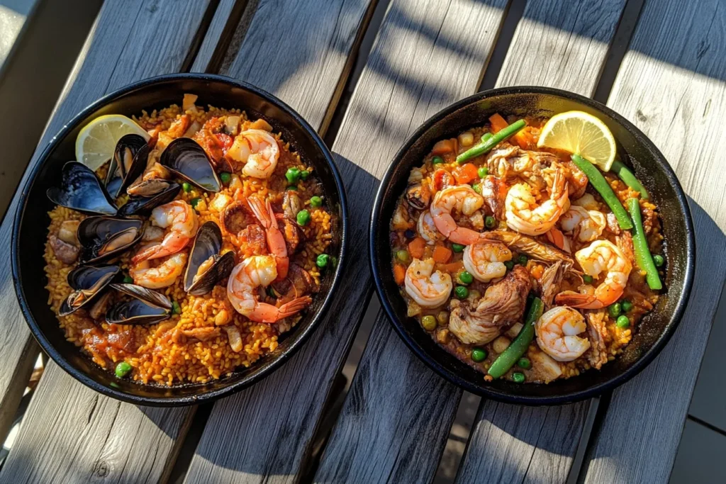 Top-down view of two paella pans side by side on a wooden table; one contains Paella de Mariscos with shrimp, mussels, and calamari, while the other features Paella Valenciana wi