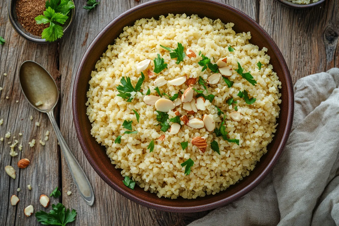 A bowl of cooked freekeh garnished with parsley and toasted almonds on a wooden table.