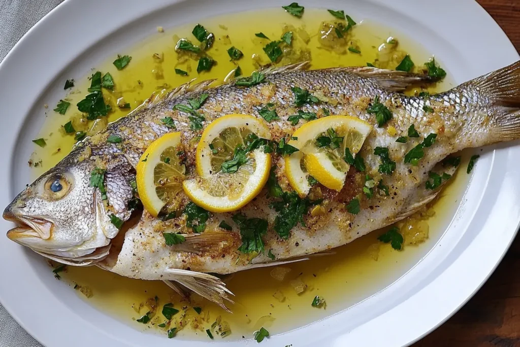 Topside view of a whole branzino with crispy skin, lemon slices, and fresh parsley on a white plate.