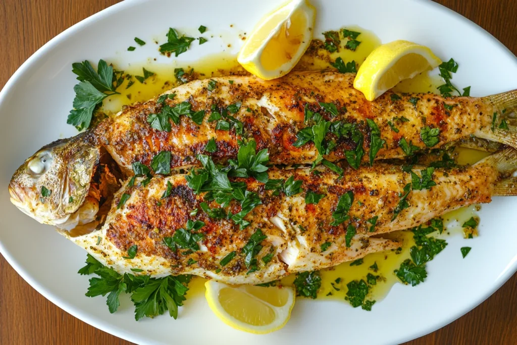 Topside view of a whole roasted branzino with crispy golden-brown skin, garnished with lemon and parsley