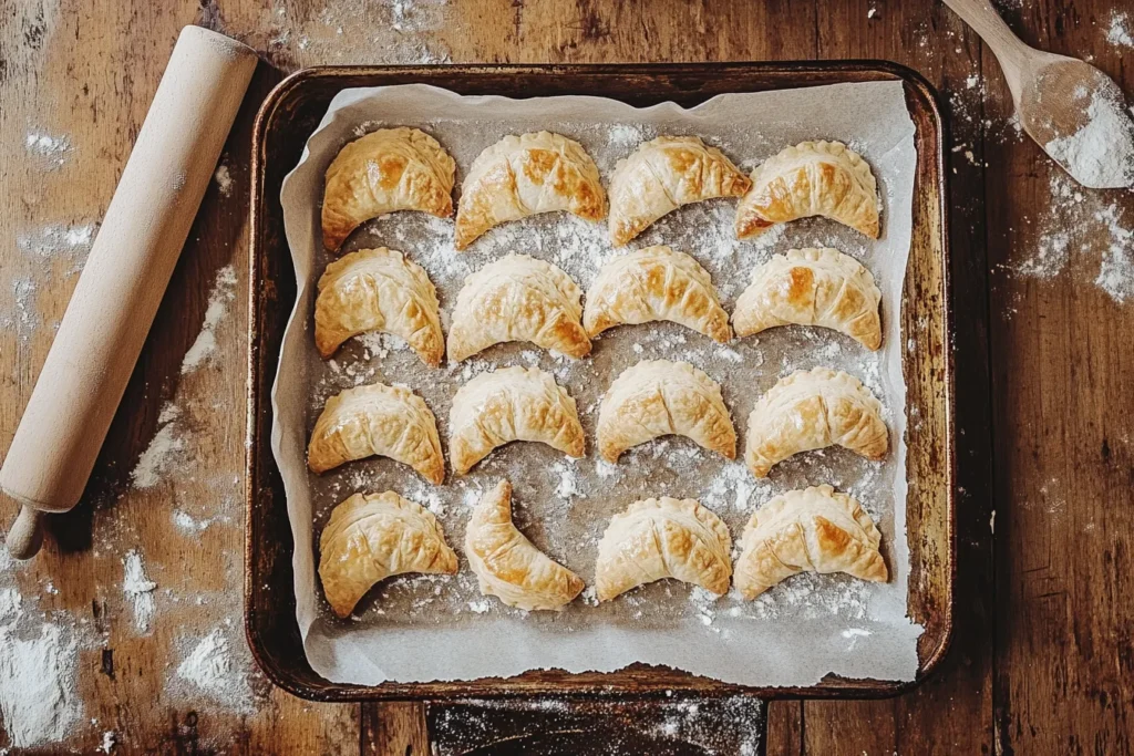 Topside view of freshly baked golden Gipfeli on a baking tray with flour dusting and a rolling pin nearby