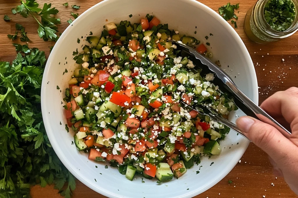 mixing Greek Salad