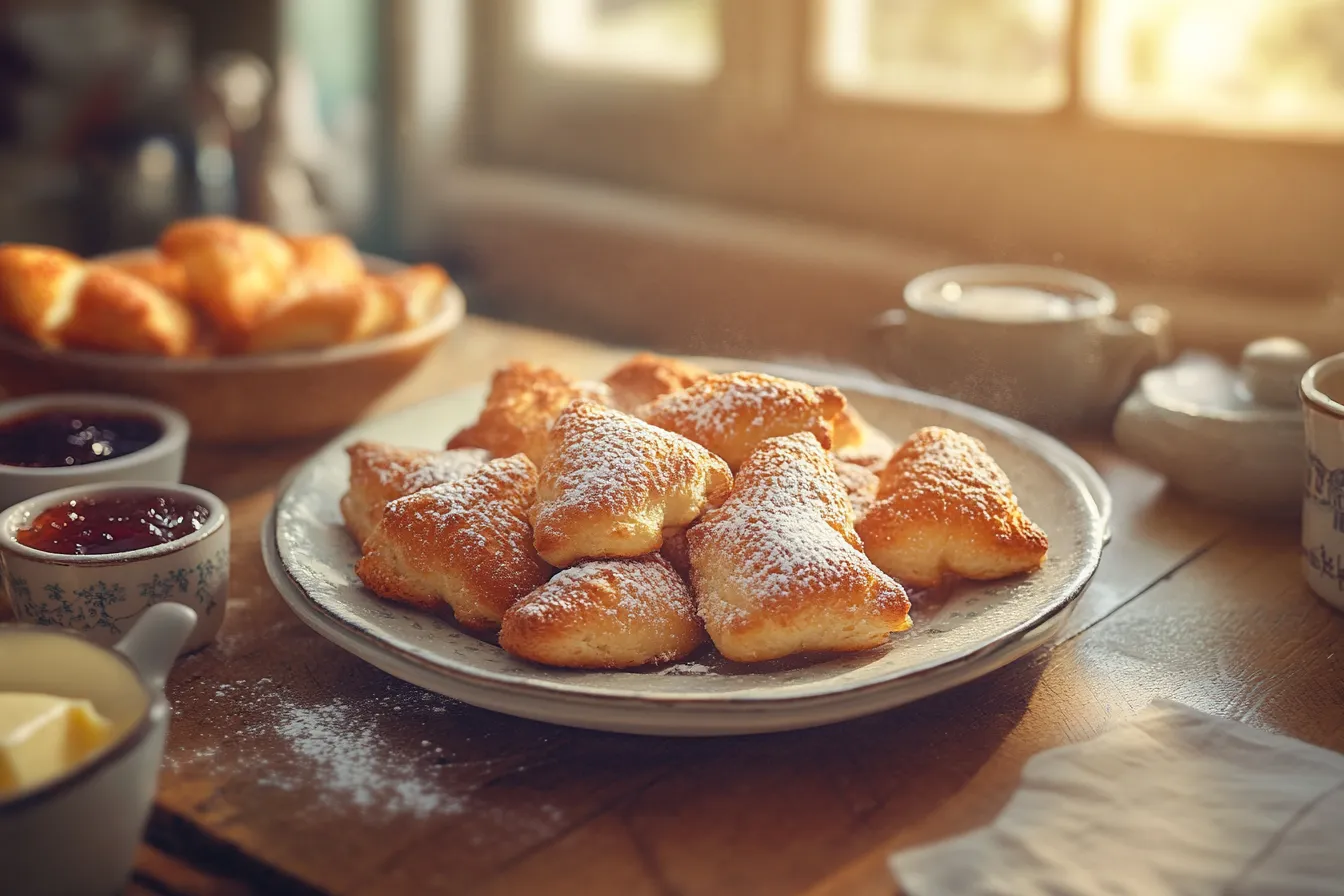 baked golden Gipfeli dusted with powdered sugar,