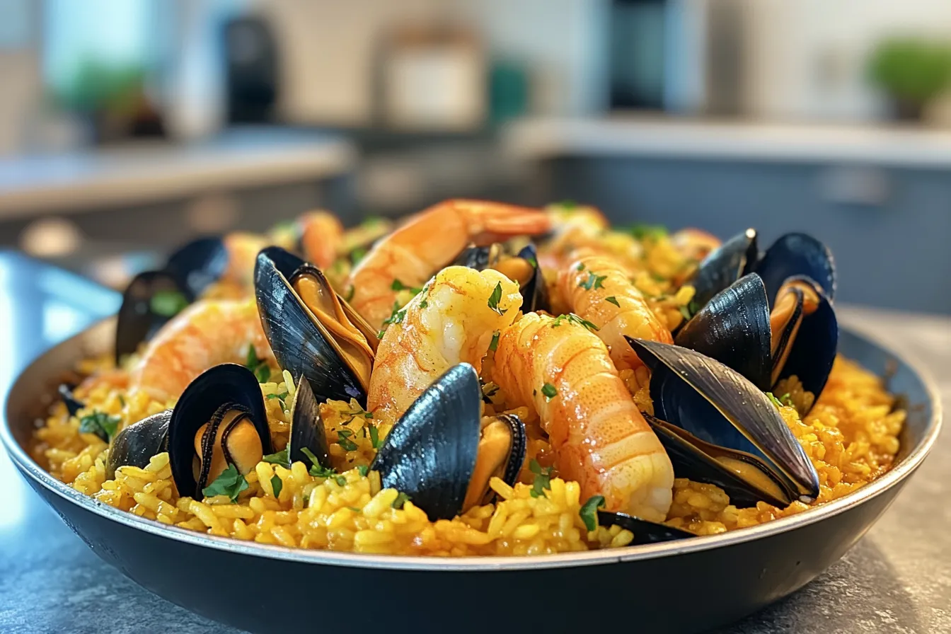 front view of Paella de Marisco with saffron rice, mussels, clams, prawns, and lemon wedges in a traditional pan on a rustic wooden table.