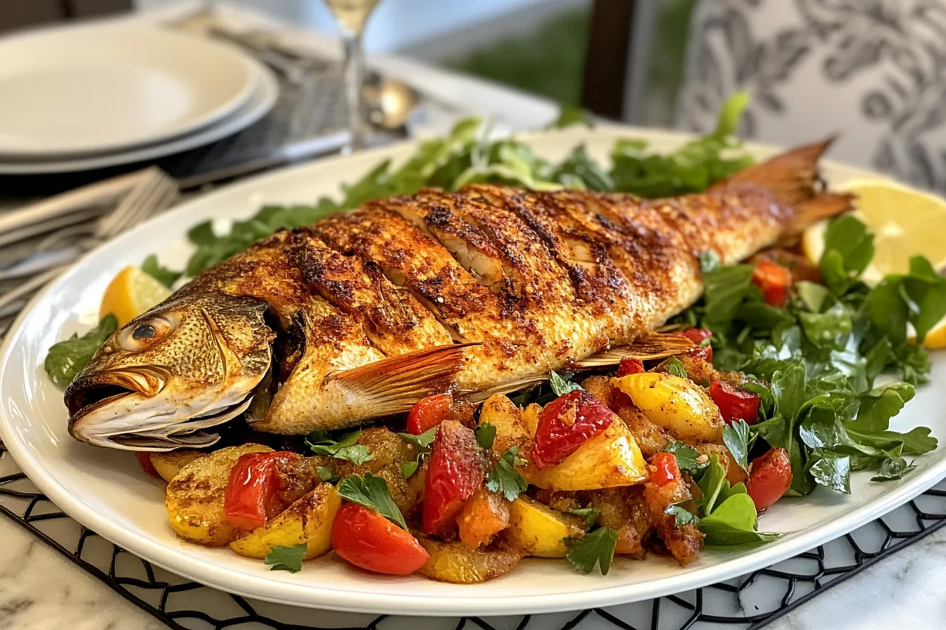 whole roasted branzino with vegetables