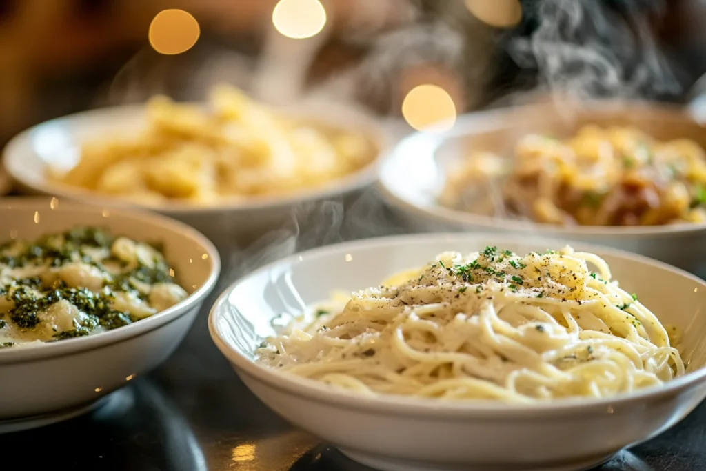 A close-up front-view shot of a table setting with pasta dishes