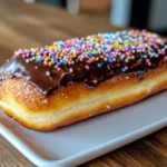 A close-up, slightly angled side view of a freshly made long john donut with chocolate frosting and colorful sprinkles