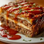 A close-up, slightly angled side view of a slice of stove top stuffing meatloaf on a white plate