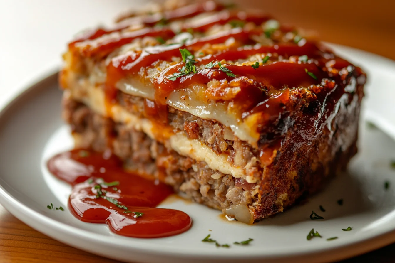 A close-up, slightly angled side view of a slice of stove top stuffing meatloaf on a white plate