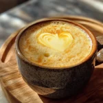 A close-up, slightly angled top-down view of a creamy cup of keto coffee with a frothy top