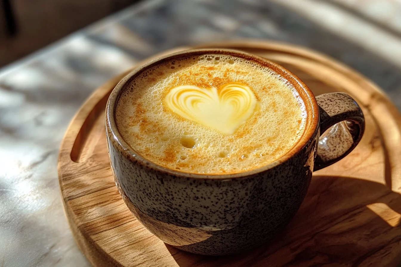 A close-up, slightly angled top-down view of a creamy cup of keto coffee with a frothy top