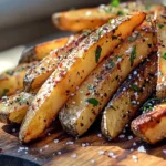 A close-up, slightly angled top-down view of a pile of golden brown French fries