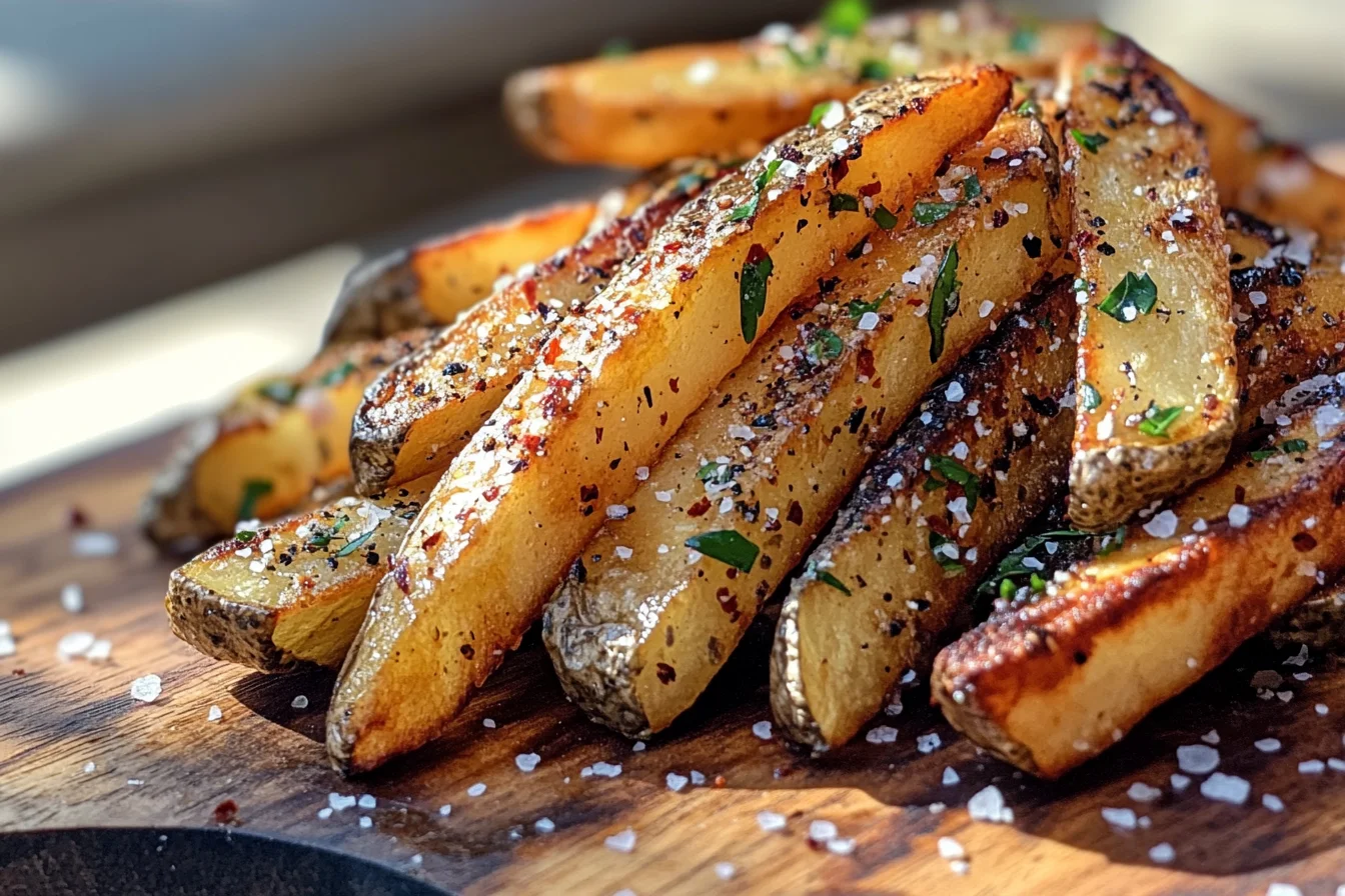 A close-up, slightly angled top-down view of a pile of golden brown French fries