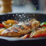 A close-up, slightly zoomed-in shot of a sizzling chicken fajita, just cooked with visible grill marks