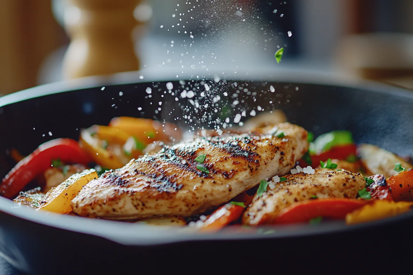 A close-up, slightly zoomed-in shot of a sizzling chicken fajita, just cooked with visible grill marks