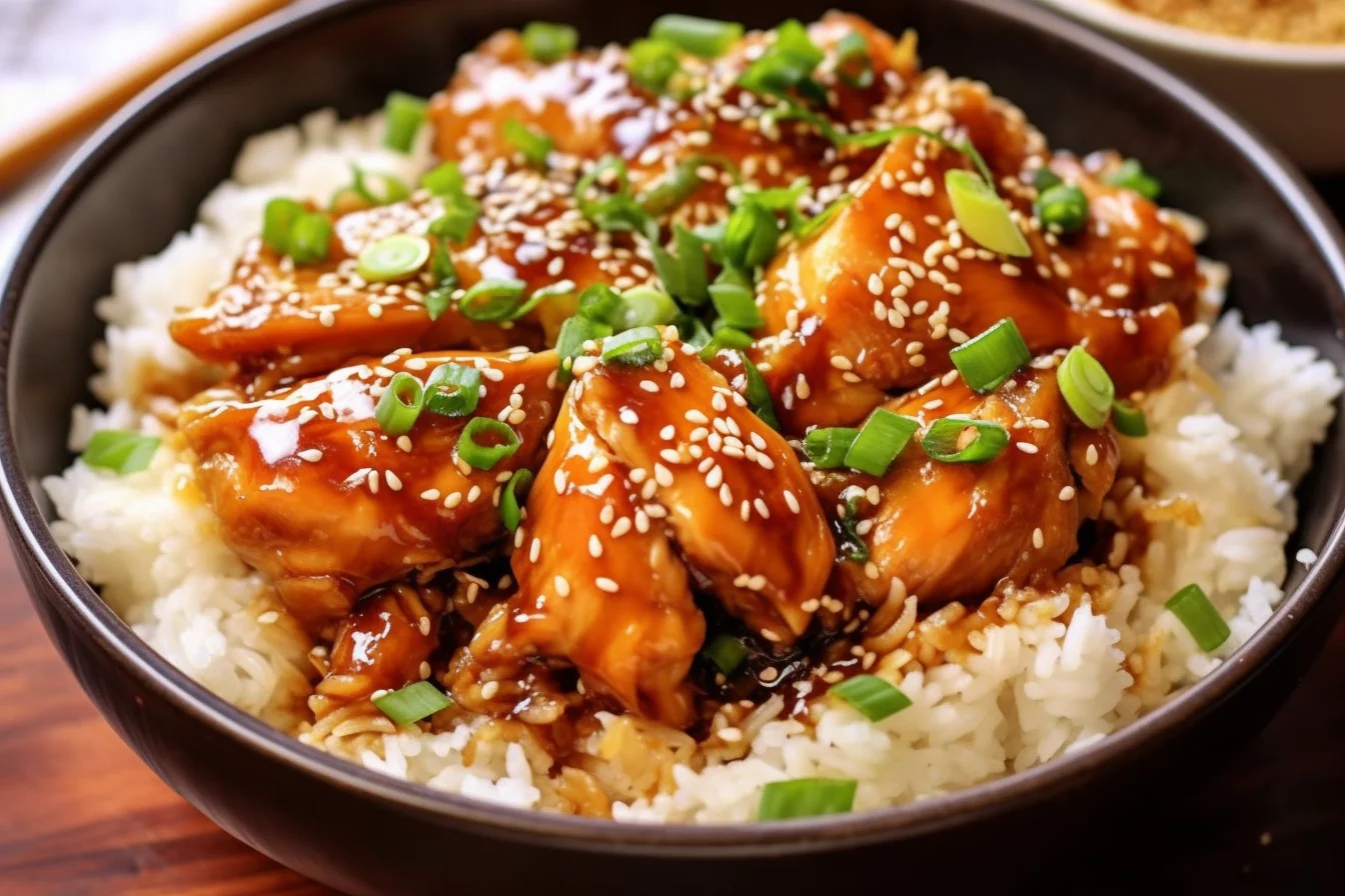 A close up, top-down view of a glistening bowl of Panda Express Teriyaki Chicken