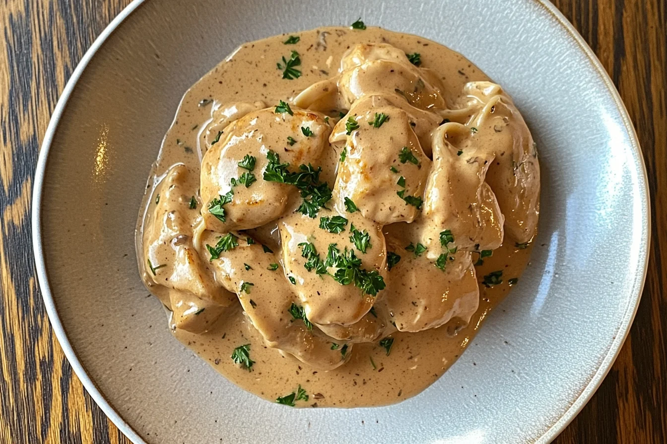 A close-up, top-down view of a plate of Chicken Marsala Fettuccine