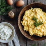 A close-up, top-down view of a rustic wooden table wiht cottage cheese and scrambled eggs