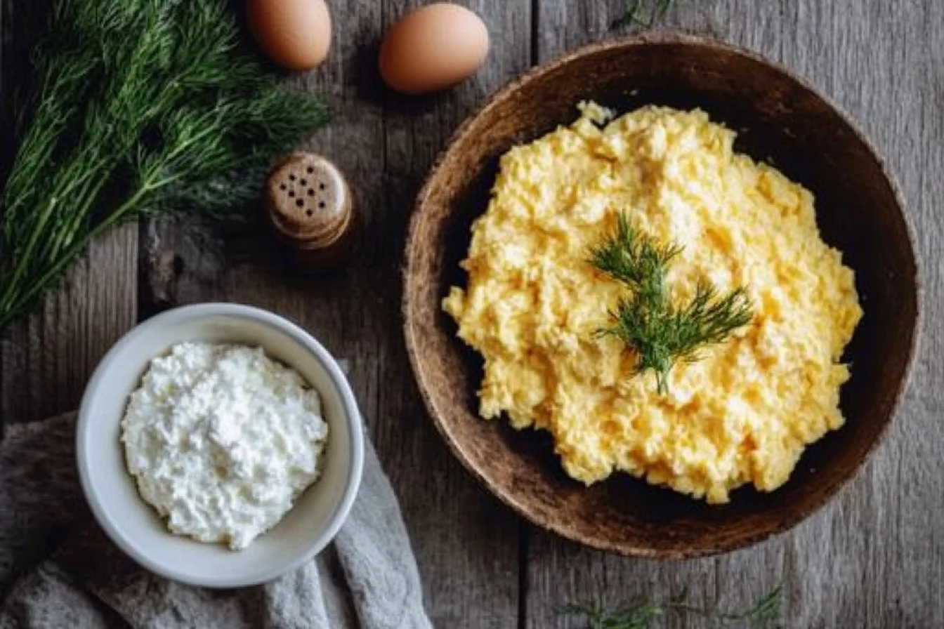 A close-up, top-down view of a rustic wooden table wiht cottage cheese and scrambled eggs