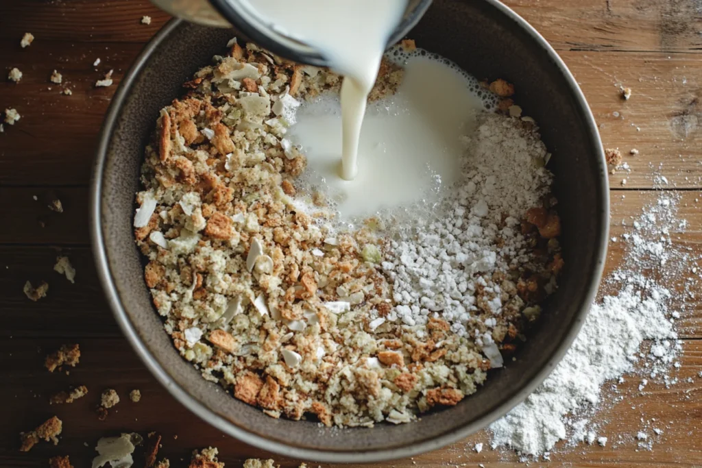 A flat-lay top view of a bowl with stove top stuffing mix