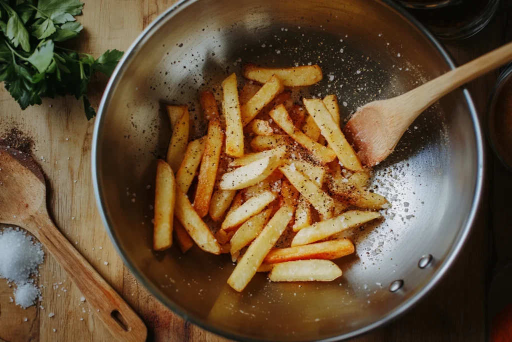 A flat-lay top view of cut French fries being tossed with salt, pepper, and spices in a stainless steel bowl