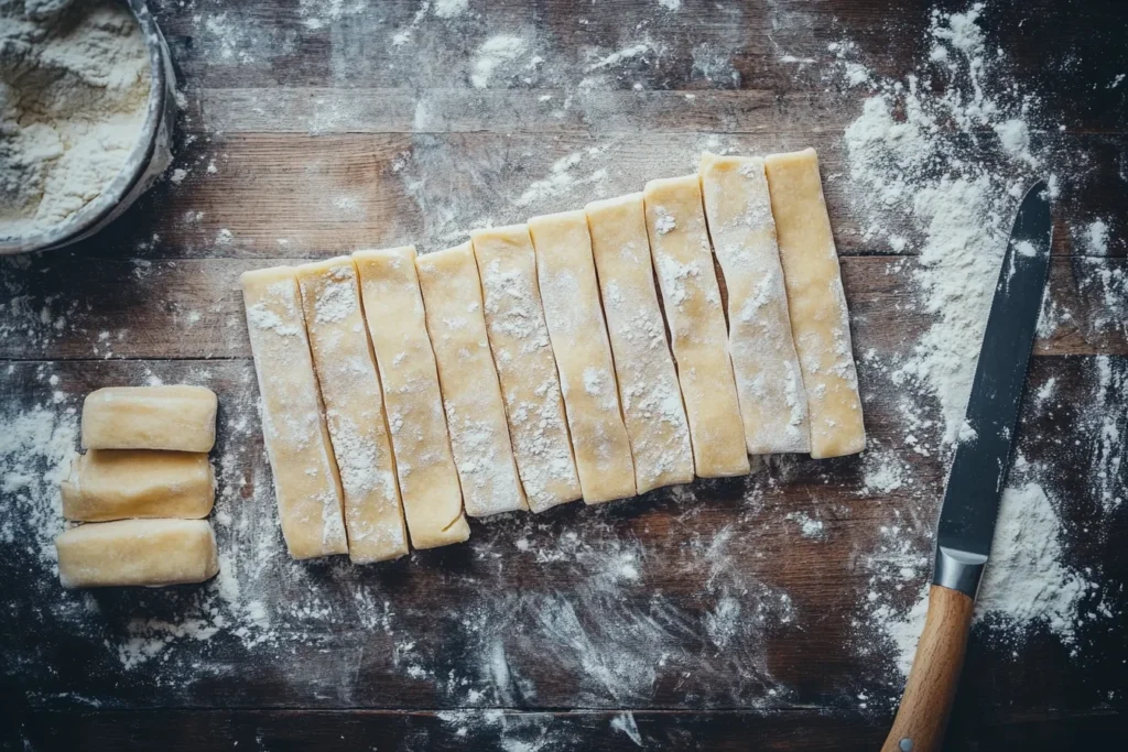 A flat-lay top view of dough being rolled out and cut into long rectangular shapes