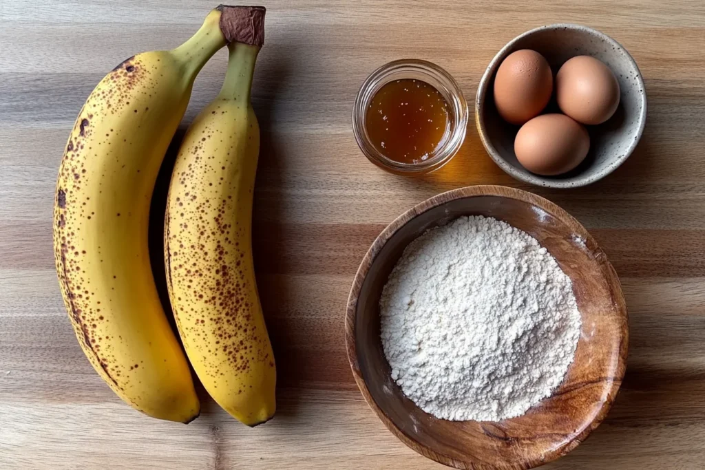 A flat lay top view of the four main ingredients for 4-ingredient banana bread overripe bananas