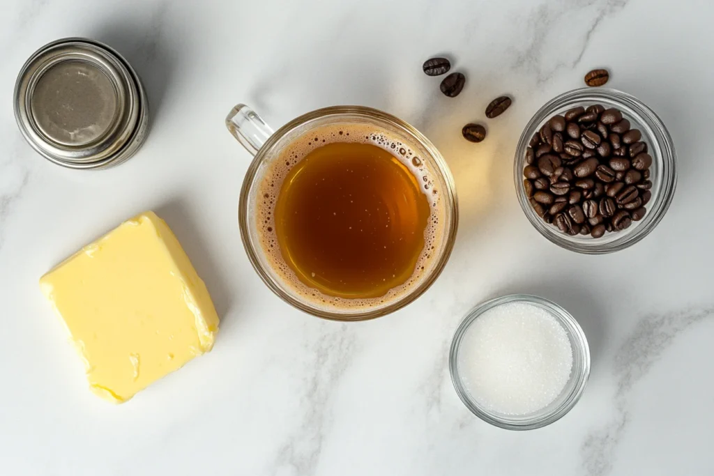 A flat-lay top view of the key ingredients for keto coffee, freshly brewed coffee in a glass cup