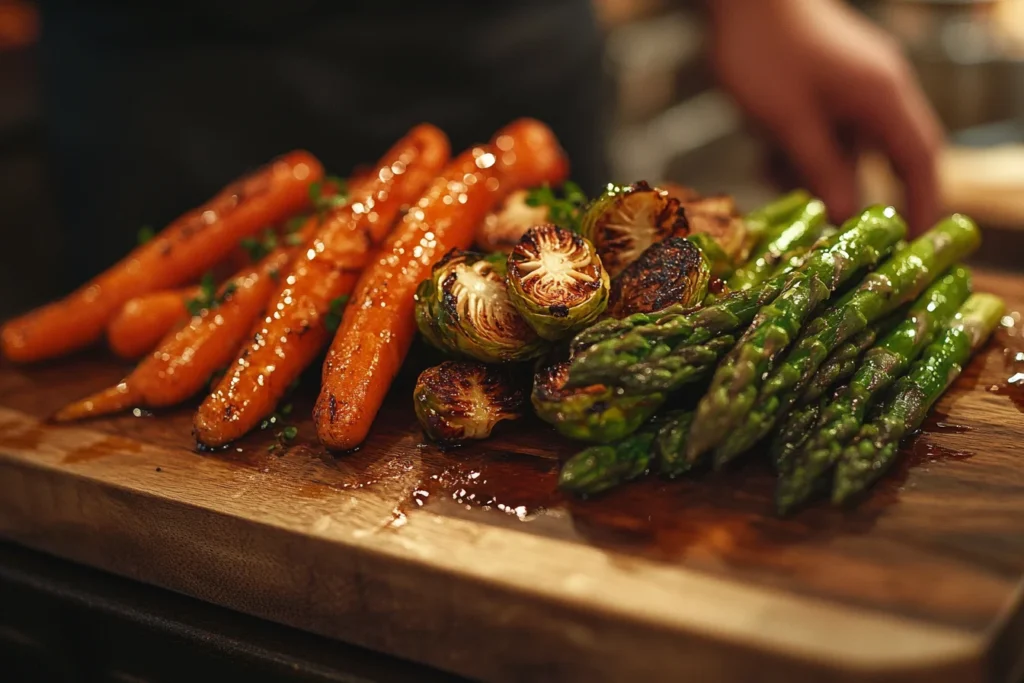 A front view close-up shot of a variety of roasted vegetables on a wooden cutting board