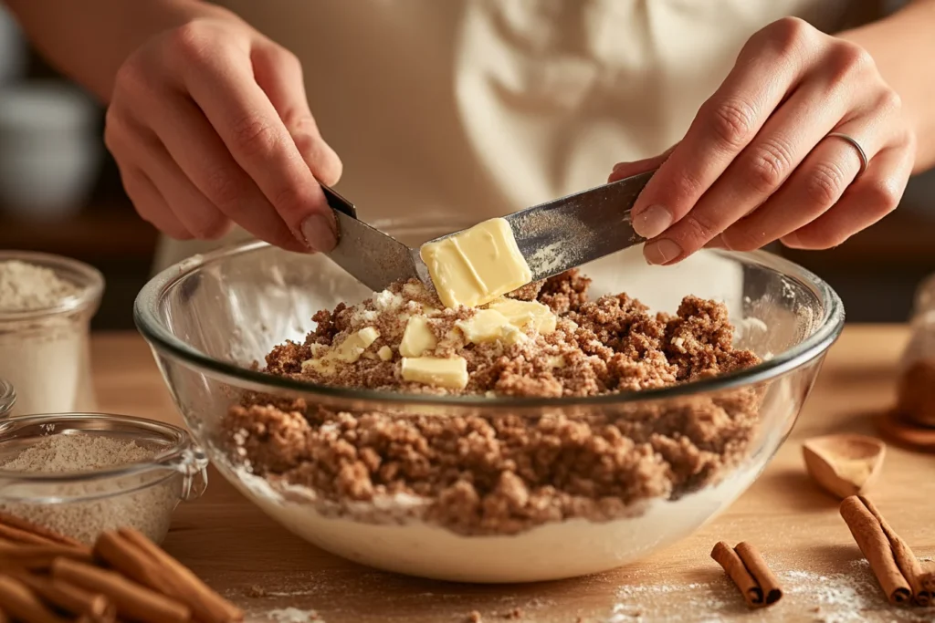 A front view, medium shot of a baker's hands gently cutting cold butter into a bowl filled with flour, sugar, and cinnamon