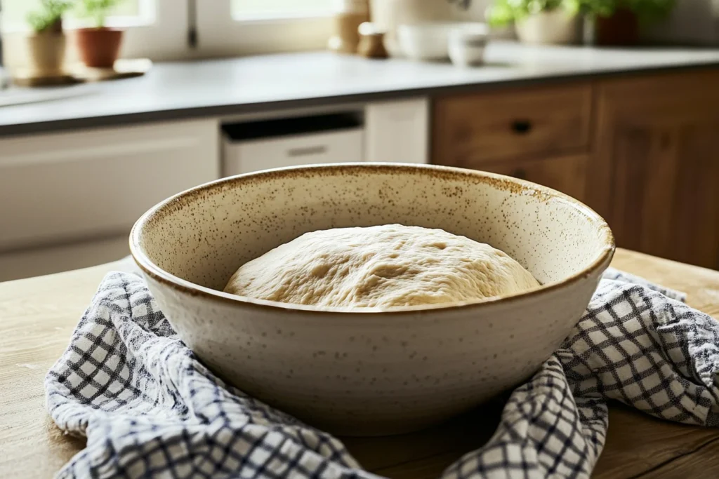 A front view of a large bowl of dough rising, with the dough visibly doubled in size