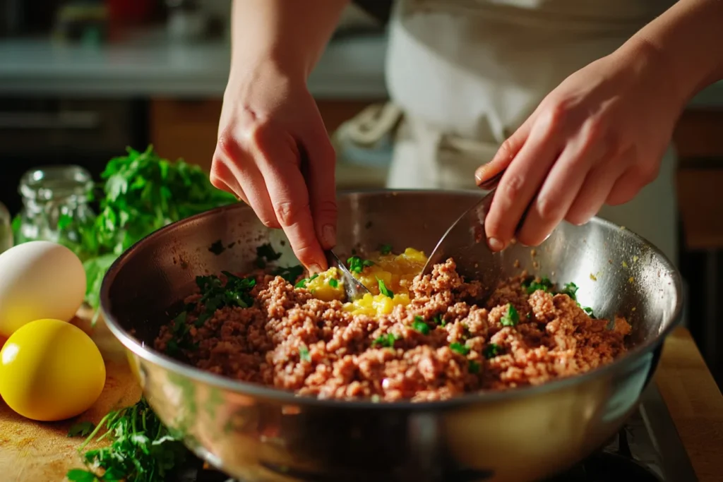 A front view of a person's hands mixing ground meat, prepared stuffing, eggs, and spices together in a bowl