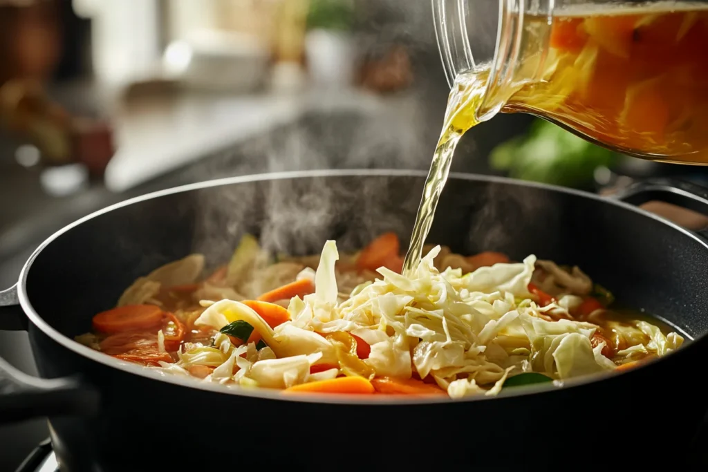 A front view of chicken broth being poured into a pot of sautéed vegetables, shredded cabbage